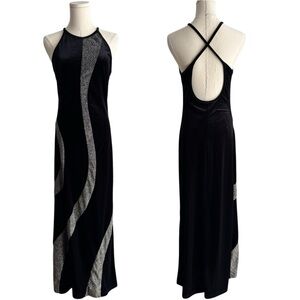 Vintage 90s Y2K Velvet Halter Dress Sz 7 M Black Silver Rhinestone Cutouts Maxi